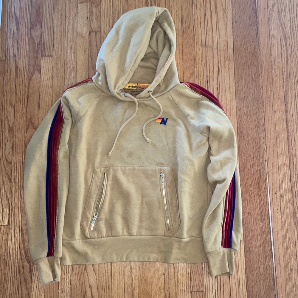Aviator Nation Khaki Pullover with zippered pockets and velour rainbow stripes